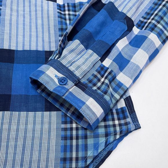 Rochelle Behrens The Shirt‎ Size Small Blue Plaid Button Front Patchwork Ruffle - Picture 4 of 12